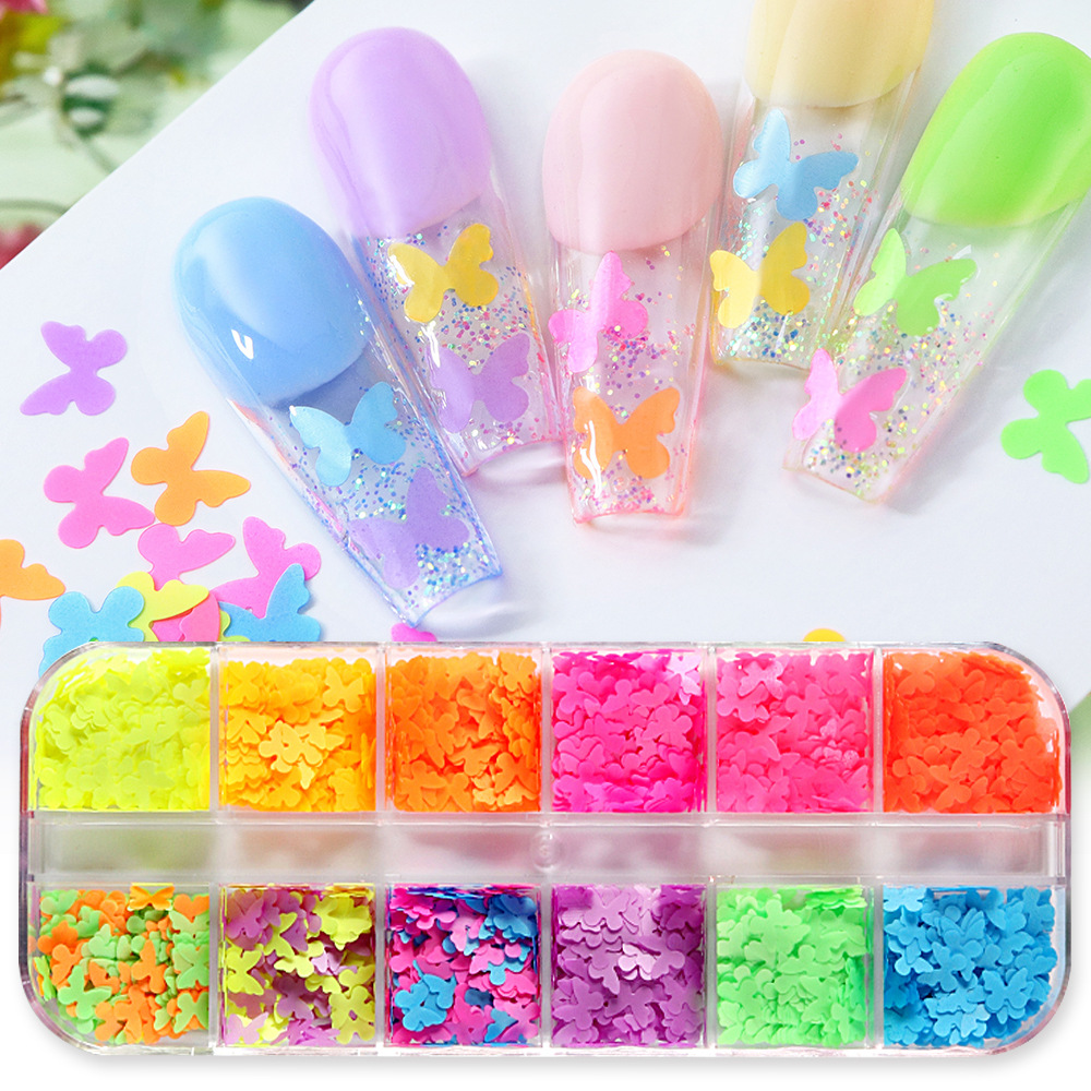 12-rejilla en caja de colores en forma especial lentejuelas mariposa amor flor estrella uñas DIY lentejuelas joyería al por mayor