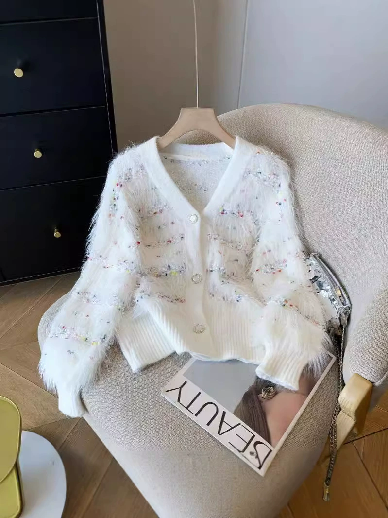 Бархатный вязаный свитер, Oversize с V-образным вырезом кардиган, искусственный мех, один размер