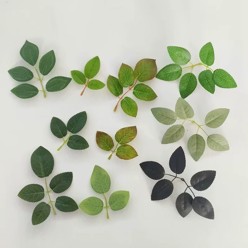 Factory green leaves artificial plant with 3-prong 5-prong 6-prong rose leaf artificial plant accessory rose leaf