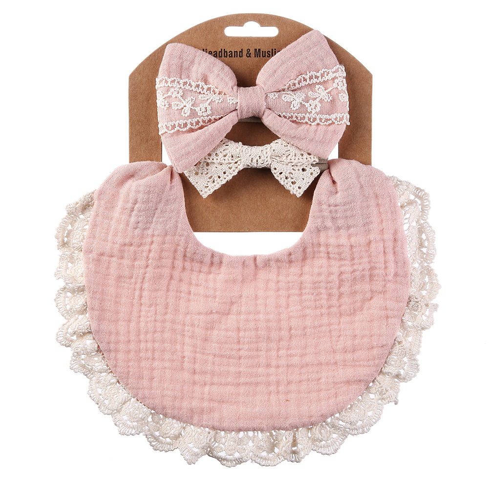 Baby Saliva Towel Lace Headband Set Cotton Solid Color Double-sided Waterproof Bib display picture 6