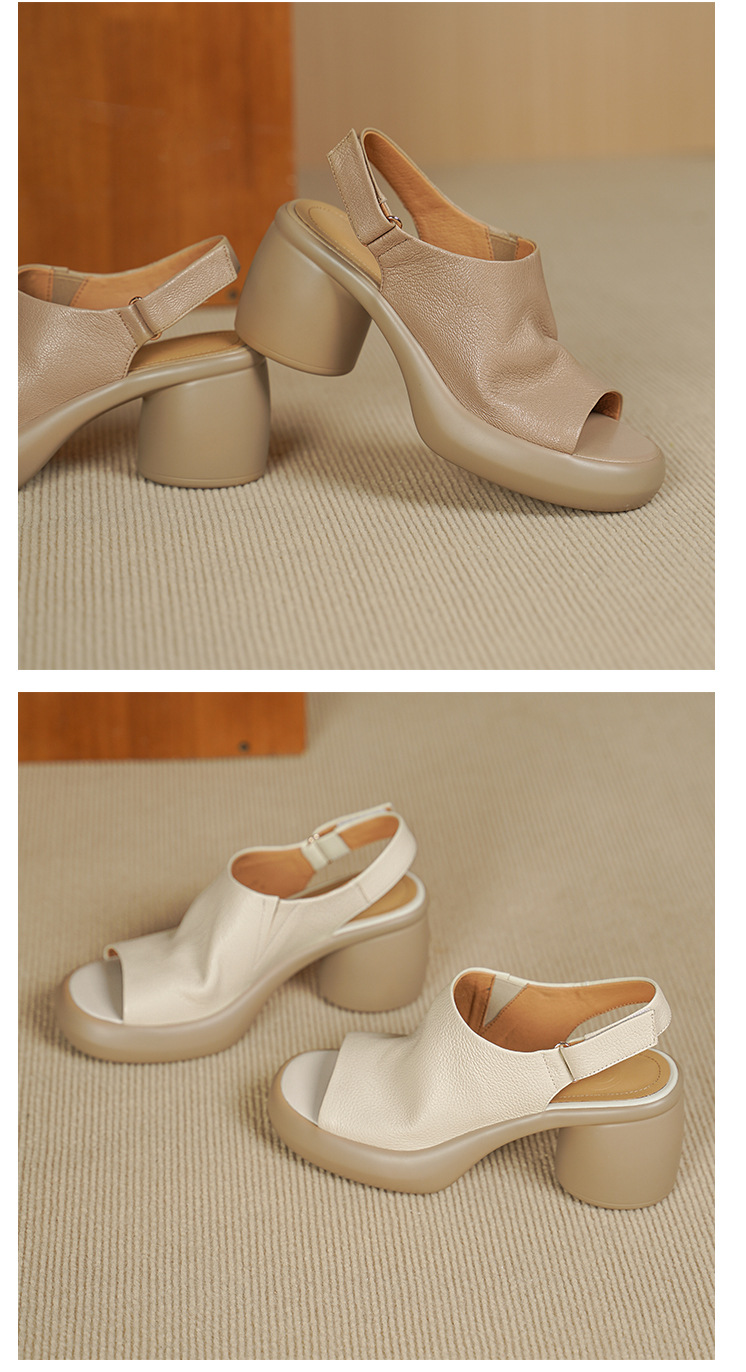 Sandal nữ cao gót mũi hở da cừu quai một từ khóa — màu trắng ngà chi tiết 12