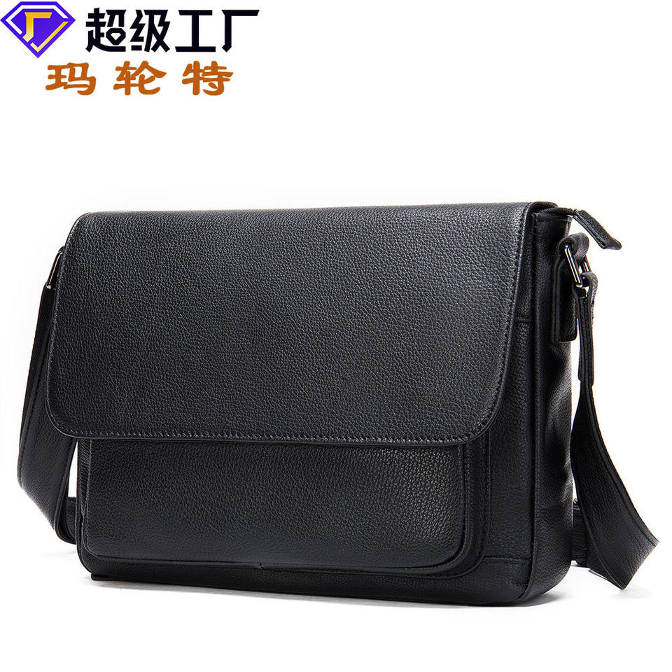 Túi đeo chéo nam da bò thật nắp gập kiểu đưa thư đựng iPad chống nước mở rộng — Màu cà phê, Màu đen