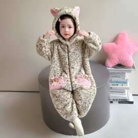 女童法兰绒连体睡衣秋冬装宝宝加绒加厚珊瑚绒睡袋爬服儿童家居服