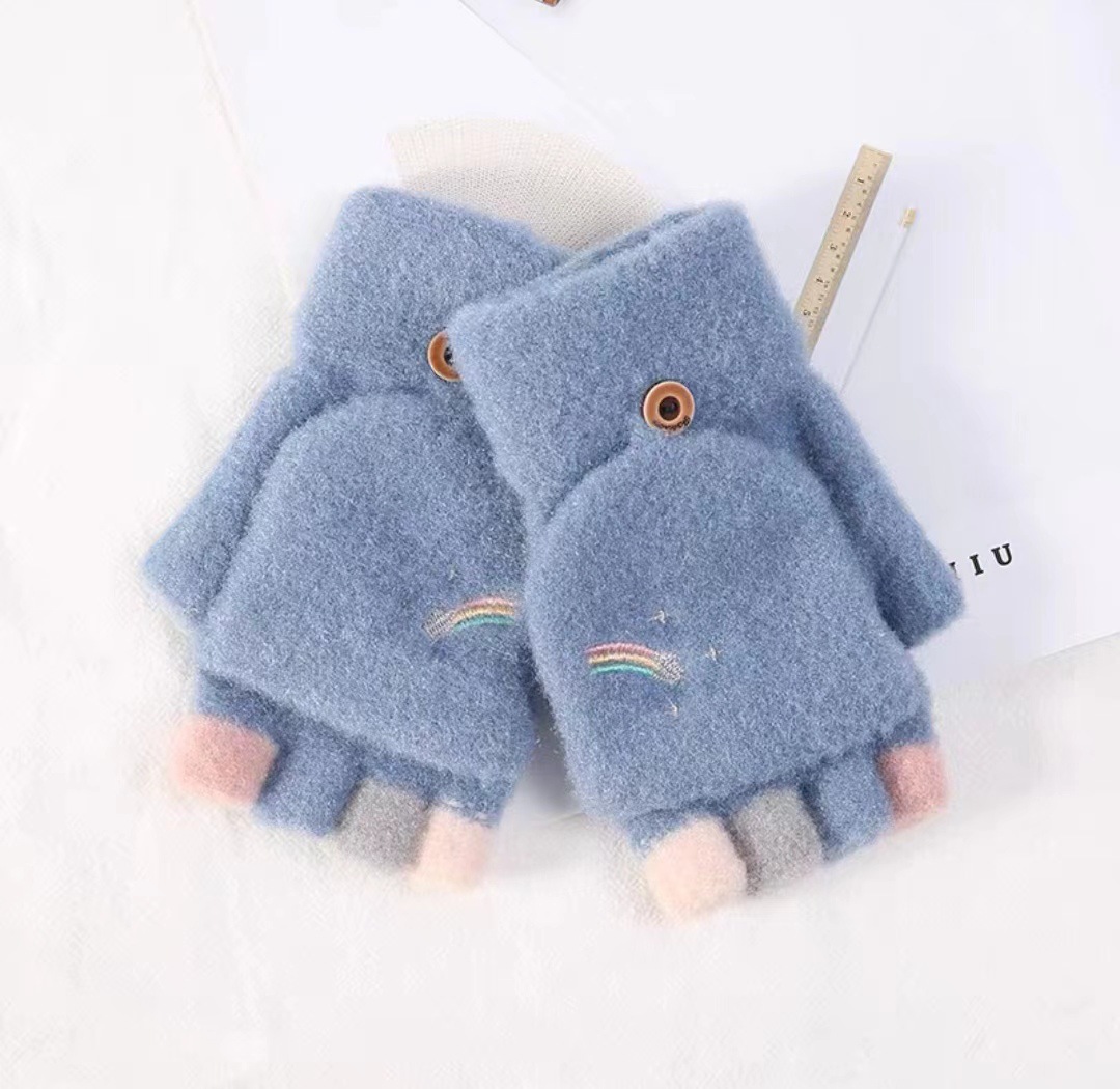 2024 nuevos estudiantes con dedos perdidos, cálidos y lindos bordados, guantes de medio dedo de invierno arcoíris, guantes de punto y flip de terciopelo