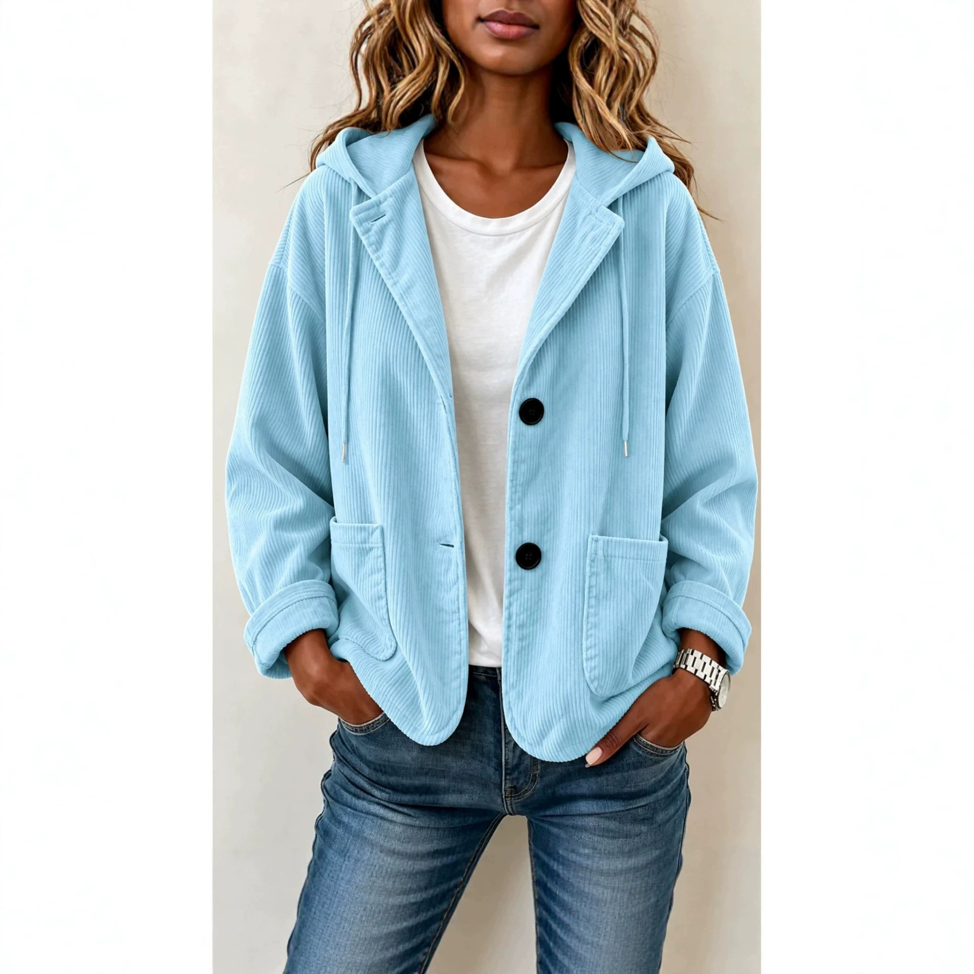 Anno's self-developed 2026 European and American women's fashion casual corduroy jacket with pockets and a hood for Amazon independent stores