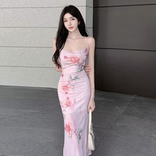 2384跨境外贸女装批发东南亚法式荡领碎花吊带连衣裙女修身包臀裙