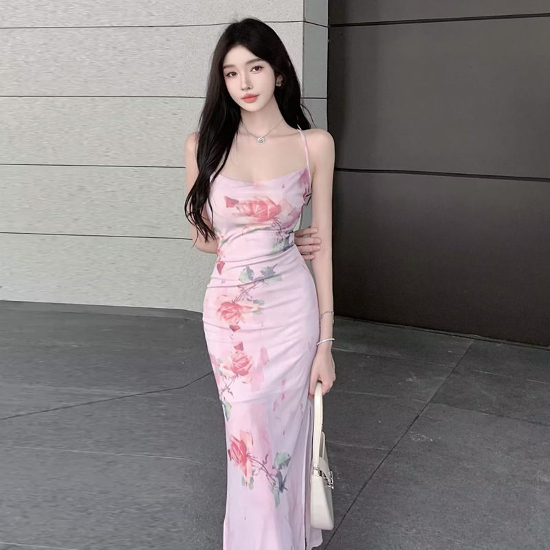 2384跨境外贸女装批发东南亚法式荡领碎花吊带连衣裙女修身包臀裙