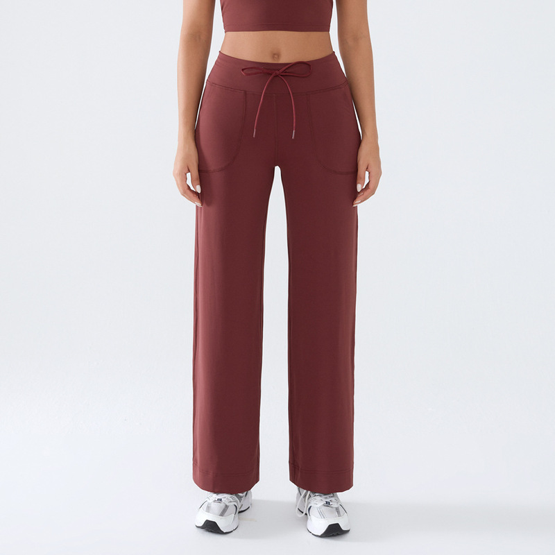 Lulu Style Drawstring Straight-Leg Pants for Women, Yoga Running Long Pants with Pockets, Slimming Loose Casual Sports Wide-Leg Pants