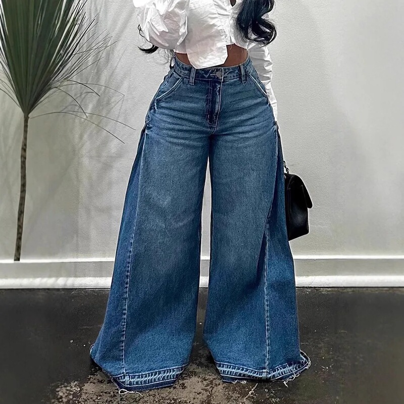 Cross-Border European and American Retro Wide-Leg Jeans for Women Y2K Niche Design Flared Pants Loose and Versatile Floor-Length Pants