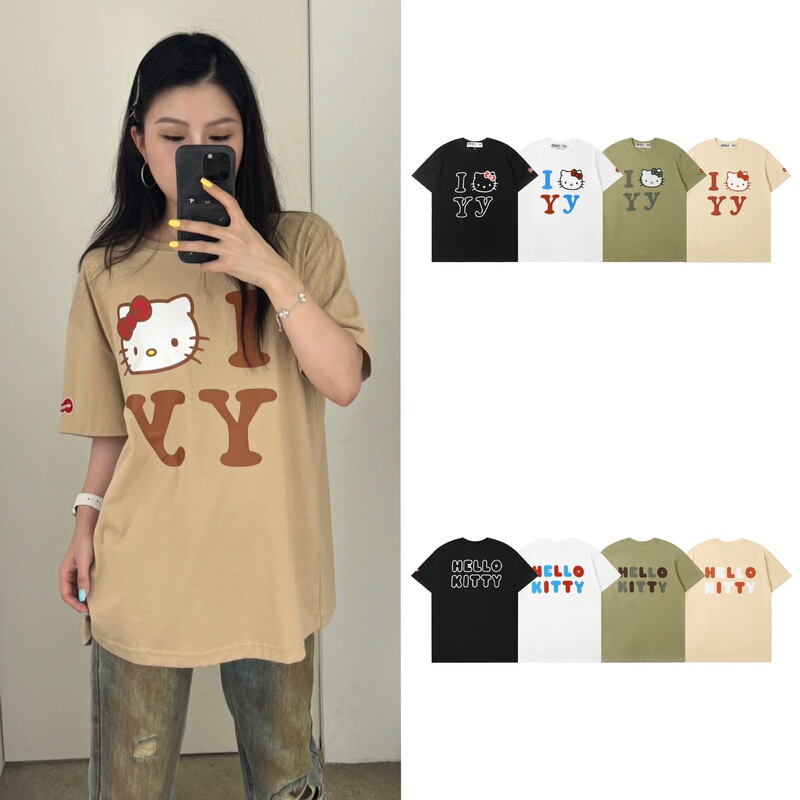 Open Yy X Hello Kitty Printed Letter Short-Sleeved Cute Loose Casual Baekhyun Same Style T-Shirt for Women Open Yy X Hello Kitty Printed Letter Short-Sleeved Cute Loose Casual Baekhyun Same Style T-Shirt for Women