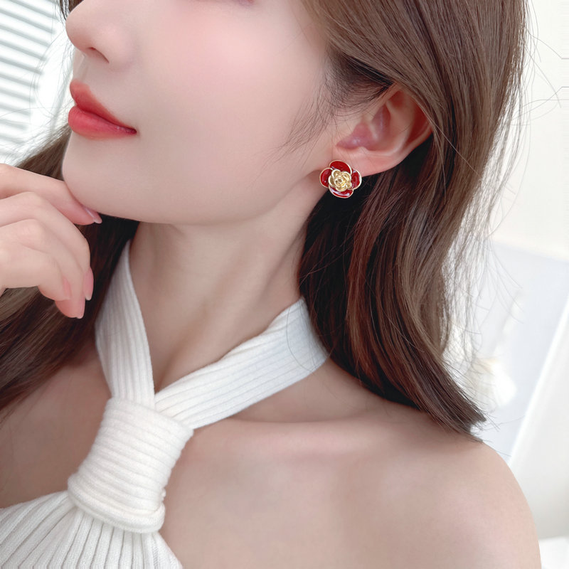 S925 Silver Needle Niche Premium Flower Earrings Ankola Red Camellia Stud Earrings_voghion.com
