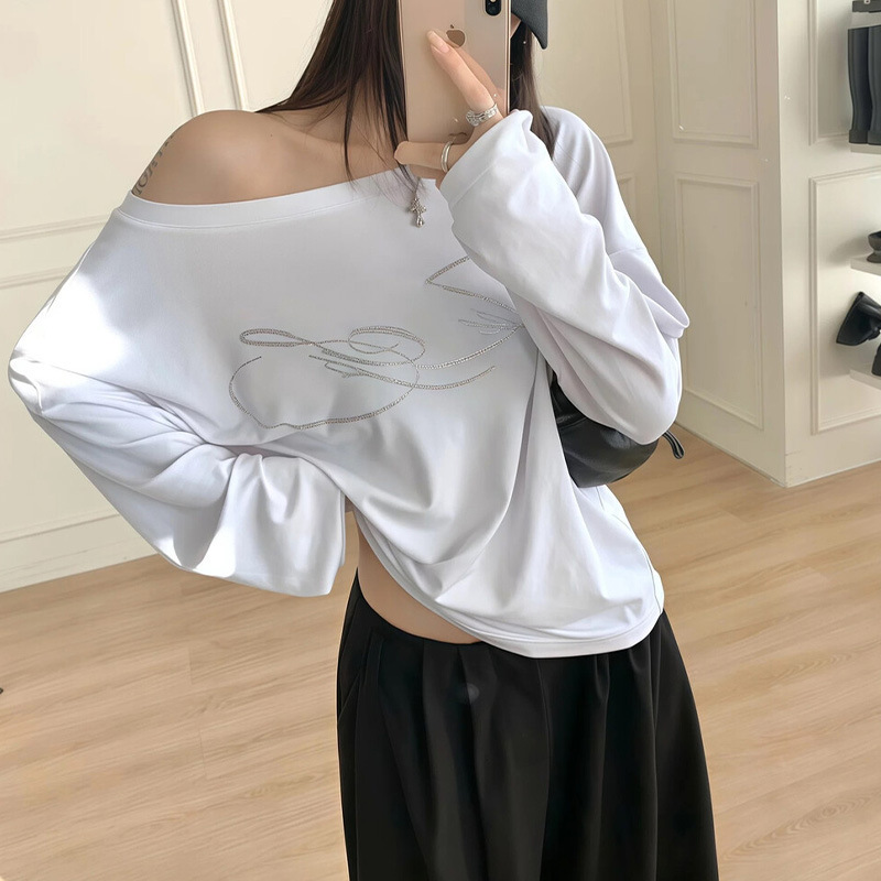 十三行美式休闲字母烫钻印花斜领露肩T恤女秋长袖辣妹宽松上衣|undefined