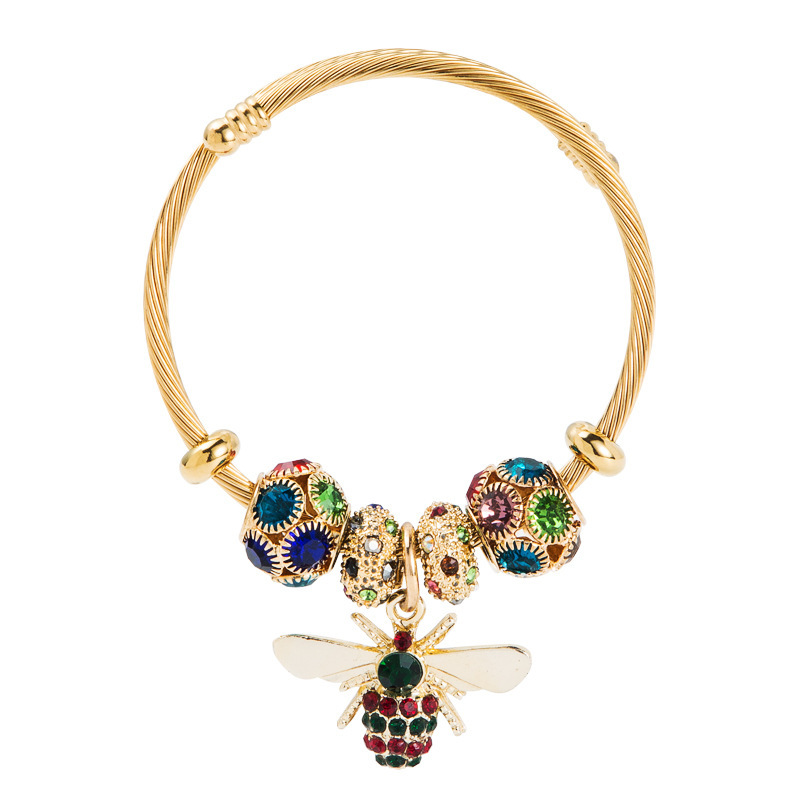Joyas explosivas transfronterizas Panjiafeng Brother aleación oro ajustable pulsera de abeja femenina brillante anillo de moda de bola de diamante
