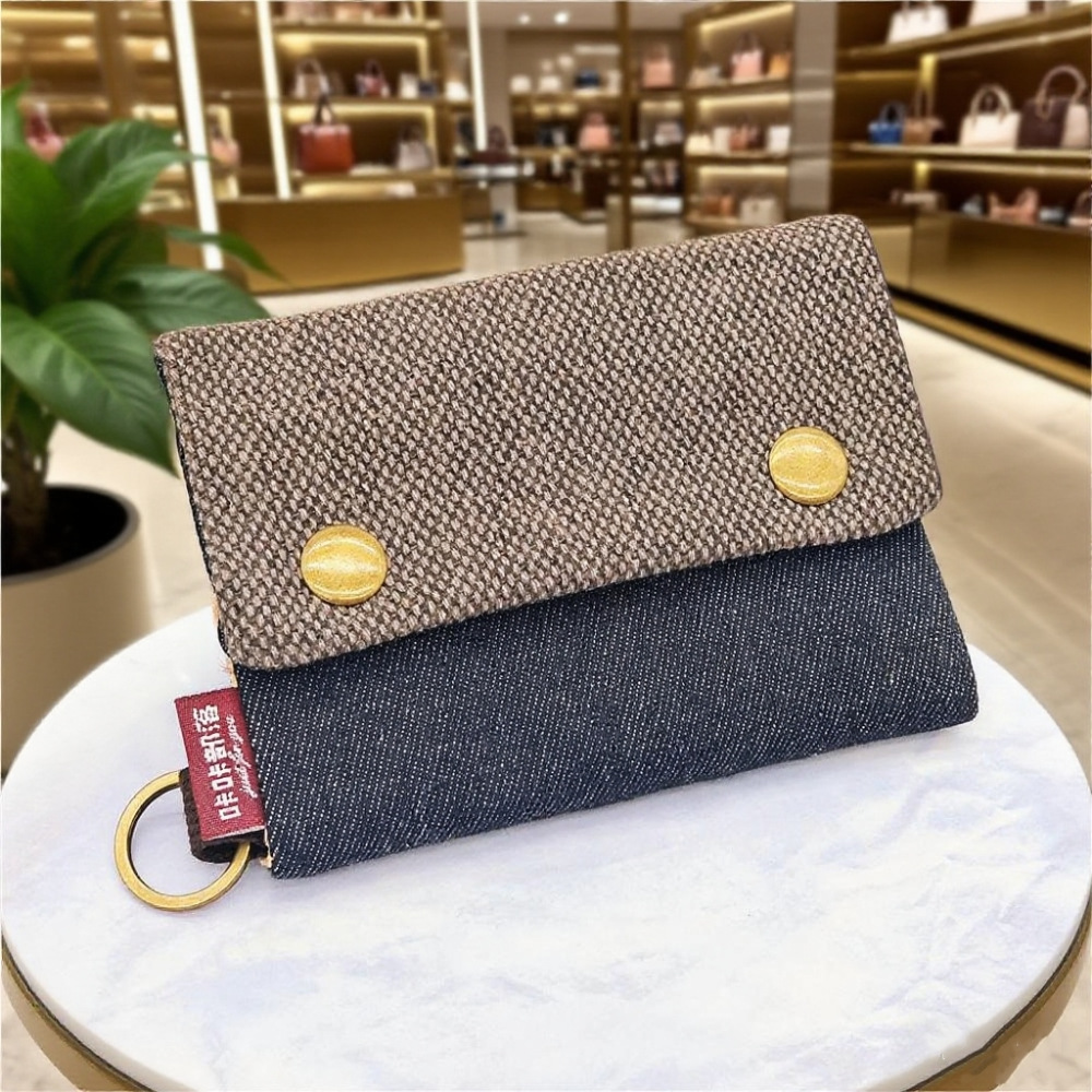 Cartera de lona de mezclilla triple con estampado de dibujos animados creativo, simple para hombres y mujeres, estuche para tarjetas de lona, estuche para llaves