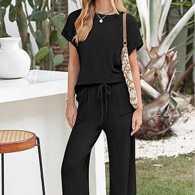 European and American Amazon New Arrivals: Exquisite Casual Short-Sleeve Tops, Wide-Leg Pants, Lazy Drawstring Sets, Travel and Airport Outfits