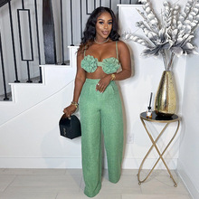 欧美女装2026夏季新款甜美清新吊带抹胸高腰直筒休闲裤两件套