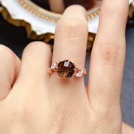 新款天然茶水晶戒指S925银镶嵌主石8*8mm百搭网红爆款女饰批发