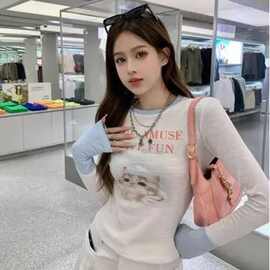 薄款猫咪美式复古长袖t恤早秋设计感拼接修身显瘦撞色欧美T恤上衣