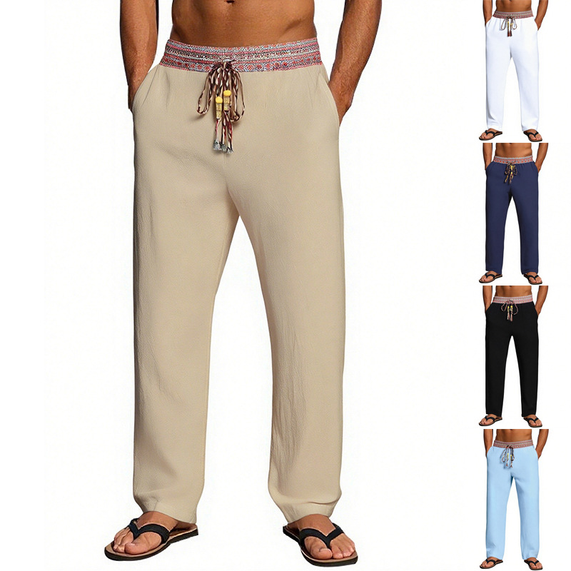 Men's Retro Linen Blend Pants | Relaxed Fit Color-Block Beach Trousers With Drawstring (White/Khaki/Navy/Black/Sky Blue, S-XXXL)_voghion.com