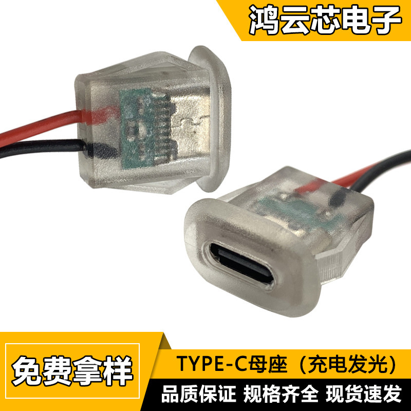 TYPE-C base 2P buckle glue injection USB C female typec welding wire waterproof transparent lamp with lamp charging port