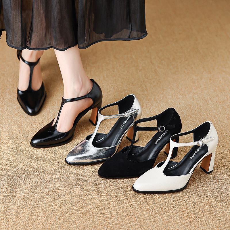 8.6cm High Heels Thick Heel Baotou Hollow Sandals Vintage Mary Jane Shoes Women's New T-shaped Buckle Four Seasons Shoes