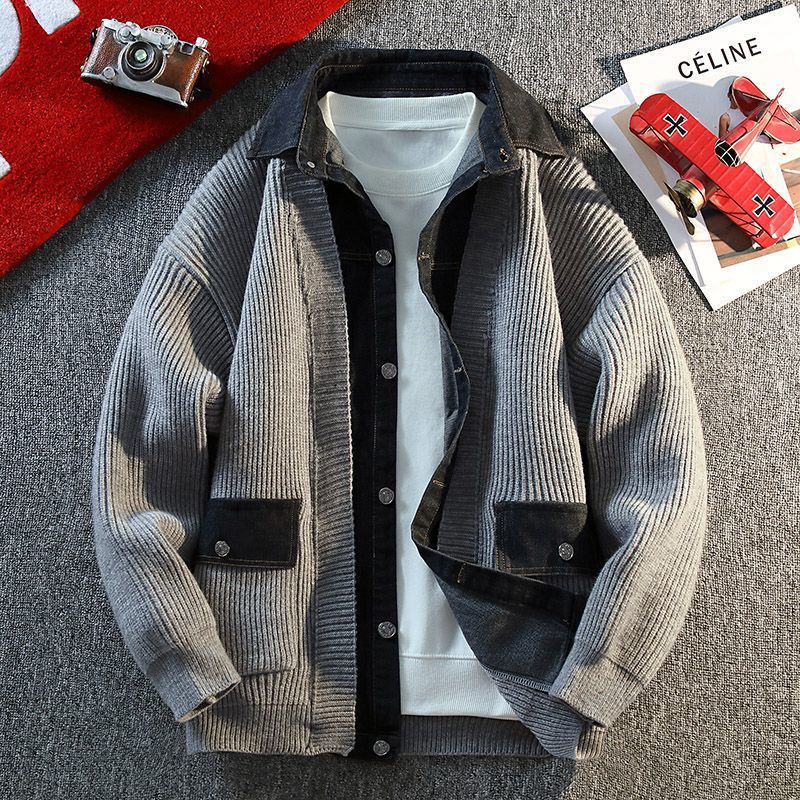 Denim Splicing Fake Two-Piece Cardigan Jacket Men's Autumn and Winter New Shirt Collar New Casual Loose Sweater
