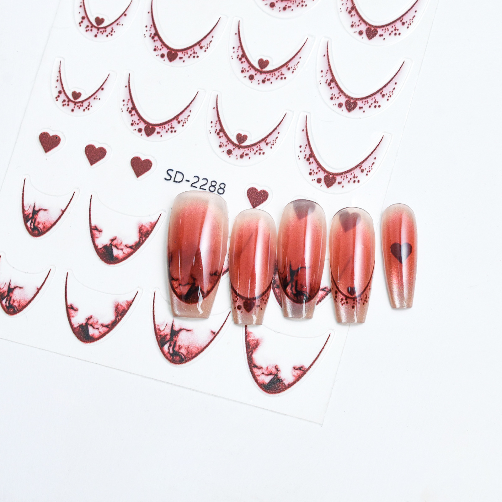 Nail Art French Red Red Nail Etiqueta engomada hueca Plantilla de degradado de inyección de tinta Etiqueta auxiliar Nueva línea de pegatina decorativa de sonrisa