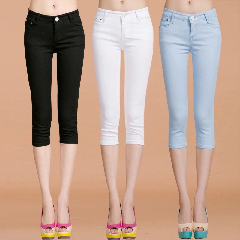 Pure Cotton White Denim Women's Summer Thin Women's Slim-fit Slimming Black Casual Pencil Pants Middle Pants Capri Pants