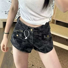 美式辣妹迷彩高腰牛仔裤女2026年夏季新款小个子显高显瘦休闲短裤
