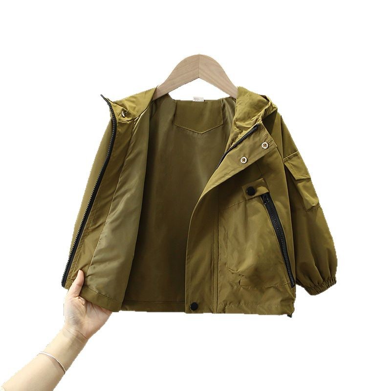 7766 chaquetas de herramientas de primavera para niños 2025 nueva ropa con capucha fresca de moda para niños camisa con cremallera estilo occidental gabardina