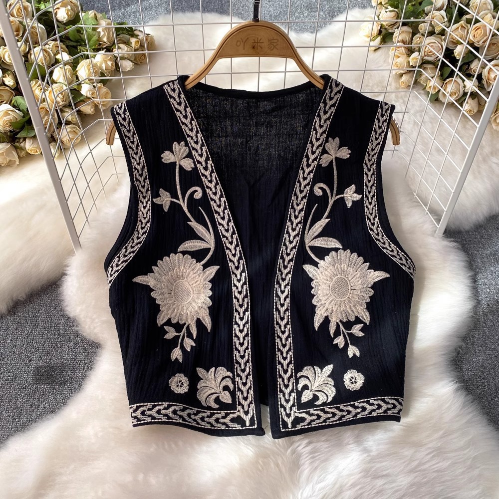 Vintage Embroidered Vest Cardigan Shawl Jacket Women's Summer New Korean Style Loose Sleeveless Waistcoat Top