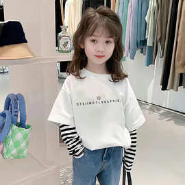 儿童纯棉新款假两件长袖T恤春秋中大女童打底内搭外穿上衣服ins潮