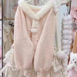 毛领针织温柔假开衫宽松甜美粉色针织衫上衣新款毛衣外套