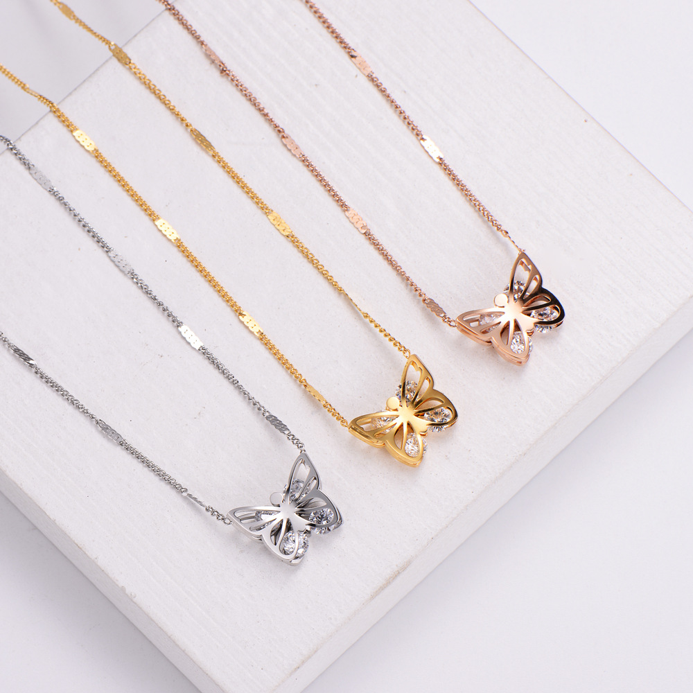 Womenu0027S Fashion Butterfly Stainless Steel Rhinestone Pendant Necklace Diamond Stainless Steel Ne