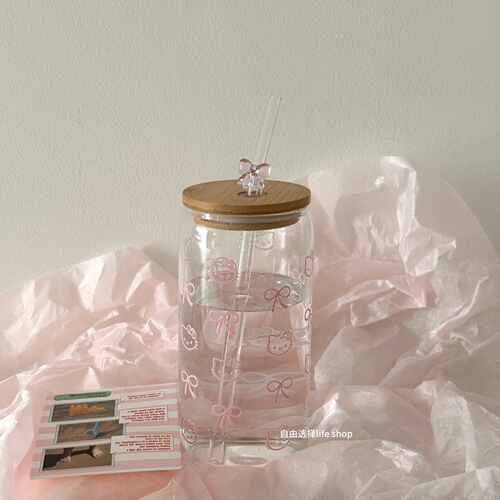 High Borosilicate Glass Cup Cartoon KT Cat with Lid and Bow Tie Straw Desk Convenient Bamboo Lid Cup Student Heat Resistant