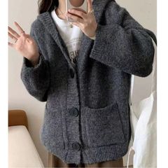 慵懒风连帽毛衣外套女软糯加厚秋冬季加厚长袖宽松带帽针织开衫潮
