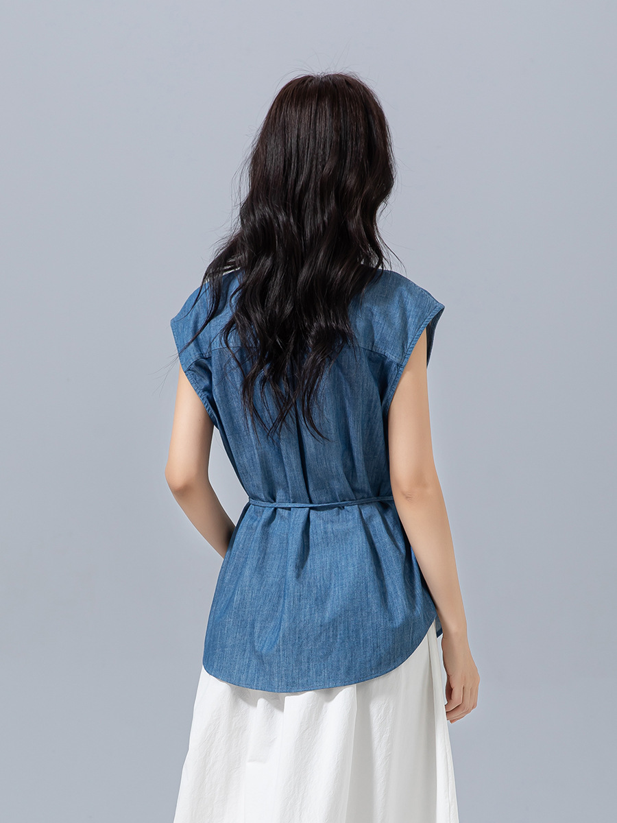 Áo sơ mi denim Tencel không tay thiết kế Xinge dáng suông đi làm — Màu xanh lam