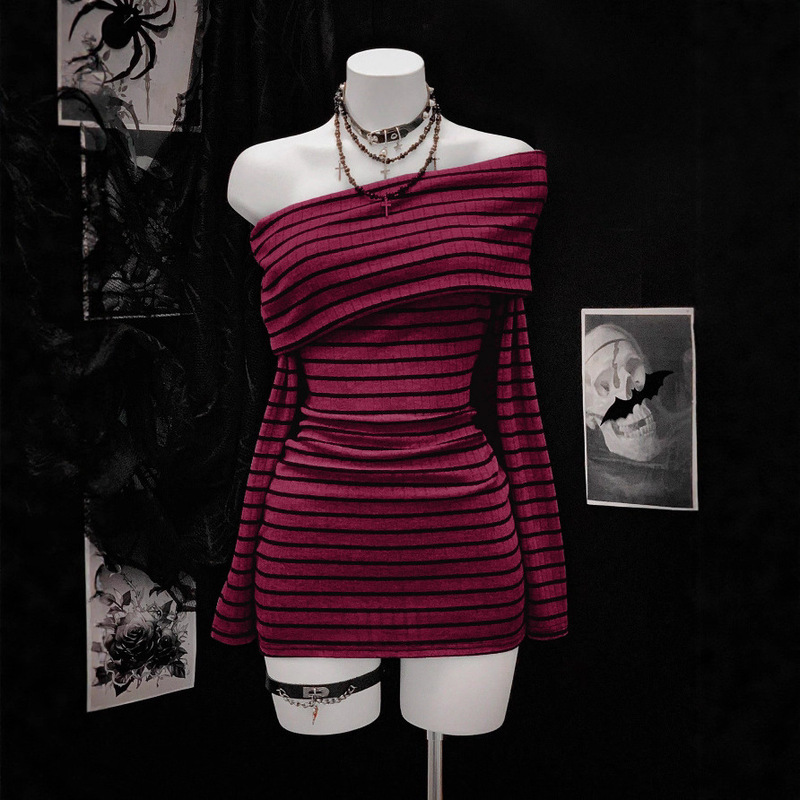 2025 Cross-Border European and American Style Beach Vacation Off-Shoulder Striped Long-Sleeved Dress One-Line Collar Knitted Casual Short Dress 2025 Cross-Border European and American Style Beach Vacation Off-Shoulder Striped Long-Sleeved Dress One-Line Collar Knitted Casual Short Dress