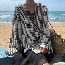长袖t恤女2024春季新款绑带v领条纹打底衫宽松休闲慵懒风洋气上衣