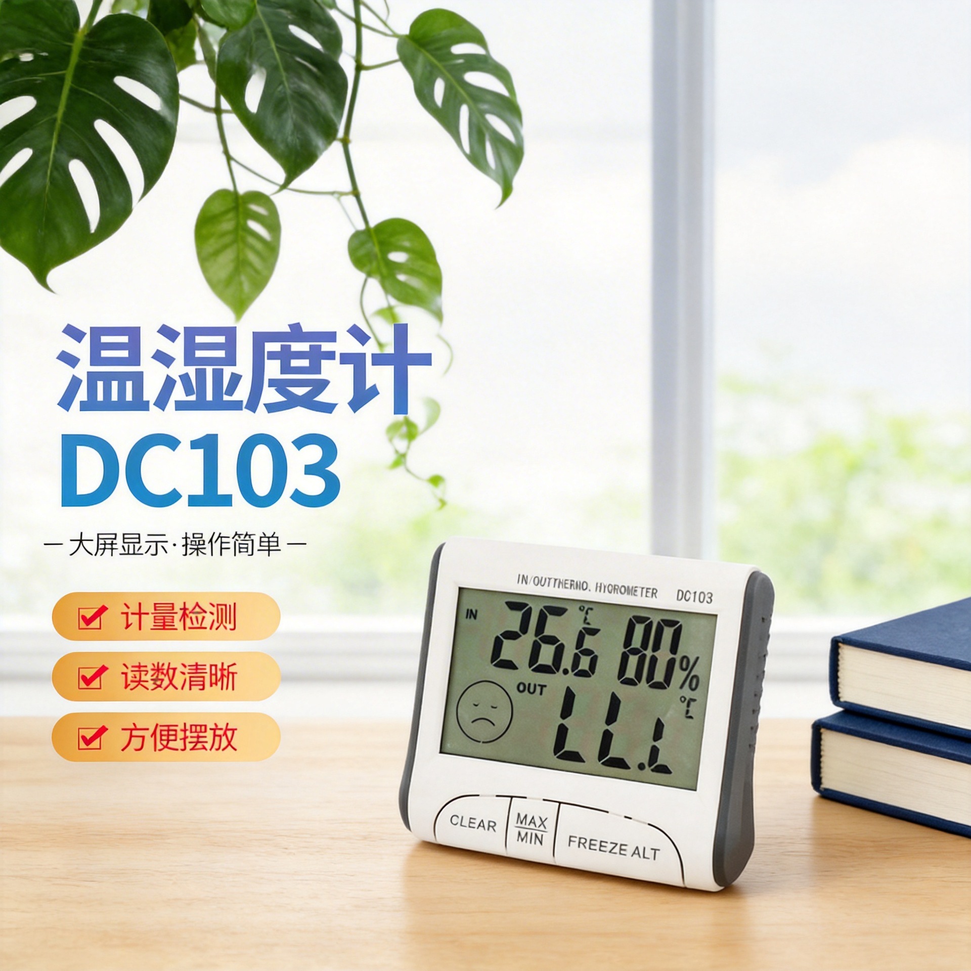 升级款 ABS 室内外温湿度表 温湿度计 大屏显示 时钟温度计 DC103
