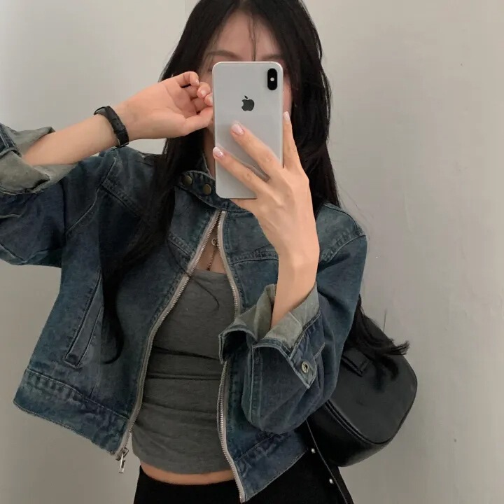 Chic Personalized Stand-Up Collar Zip-Up Short Denim Jacket