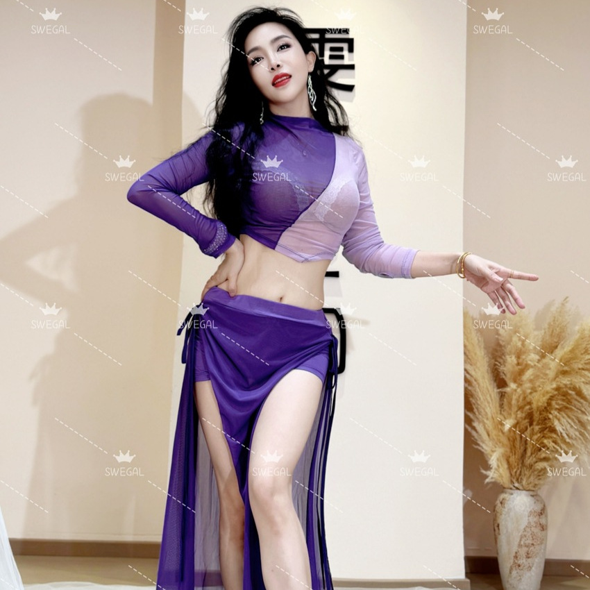 Swegal Belly Dance Clothing Oriental Dance Practice Clothing Purple Mesh Top Plus Drawstring Long Skirt Suit Skin-Friendly