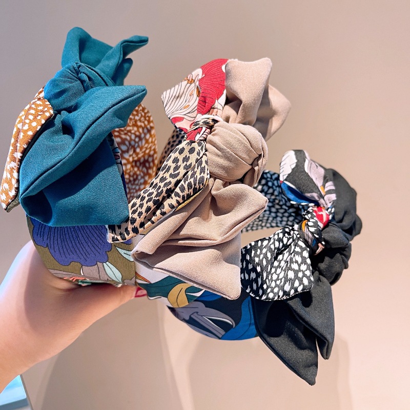 130g Weight Headwear Classification Travel, Festival Occasion Bow Knot Pattern Women'S Gender Retro Style Khaki, Green, Black Color Korean Style Printed Splicing Bows Headband Wholesale Nihaojewelry 14