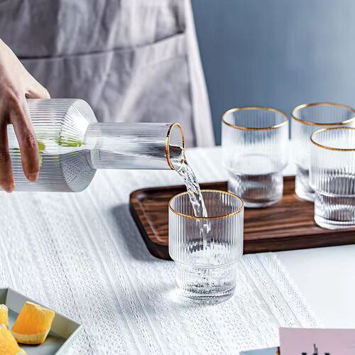 Japanese simple vertical pattern glass cold kettle, summer household juice lemonade cup, high-looking hot and cold water kettle