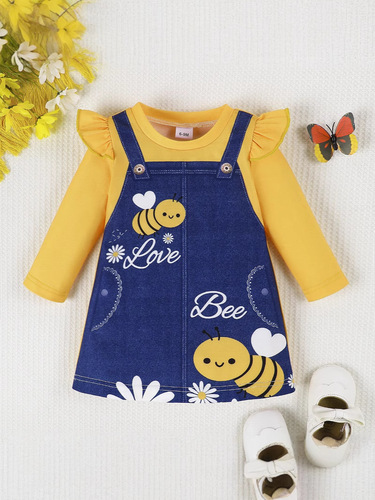 Summer Casual Fashion Style Daily Baby Girl Infant Bee-Print Ruffled Long-Sleeve Blue Denim Suspender Dress