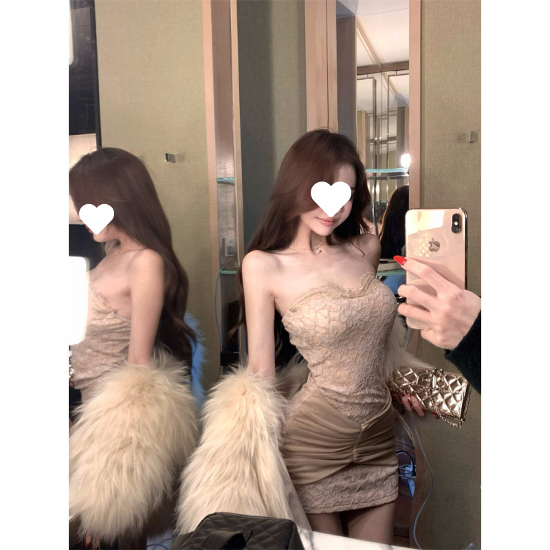 Pure Lust Style Lace Splicing Tube Top Dress for Women French Light Luxury Socialite Waist Sexy Chic Banquet Dress