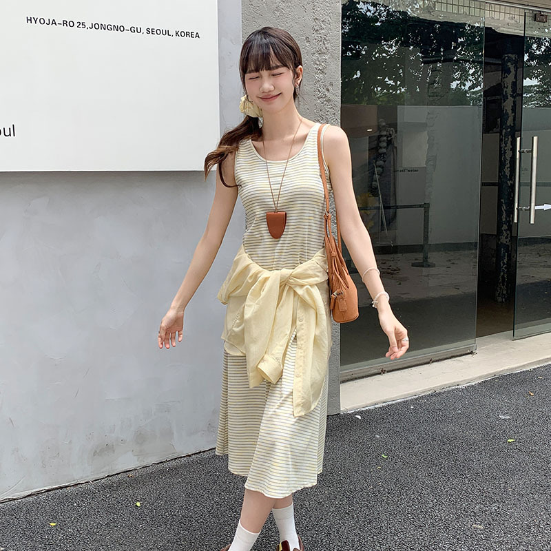 实拍polo领条纹吊带连衣裙女2025夏季防晒衫气质长裙两件套
