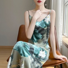 法式印花醋酸真丝长裙女夏季V领吊带连衣裙内搭配西装小众过膝裙