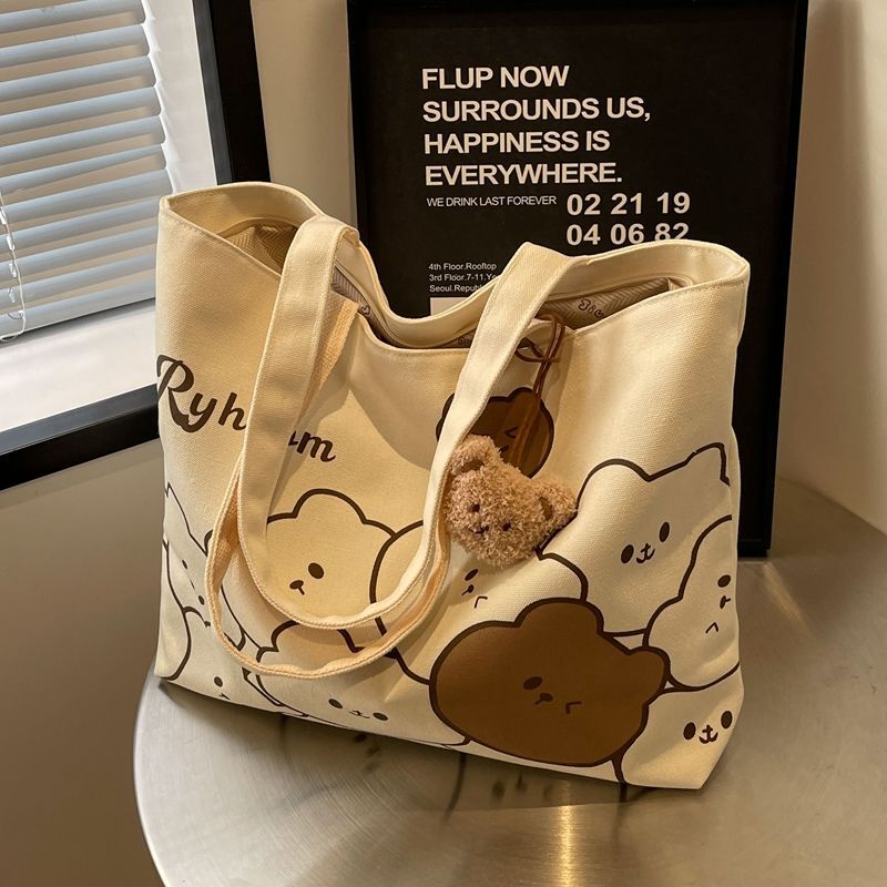 Casual Large Capacity Bag Women's Summer New Cartoon Bear Canvas Bag College Students' Class Commuting Shoulder Tote Bag Casual Large Capacity Bag Women's Summer New Cartoon Bear Canvas Bag College Students' Class Commuting Shoulder Tote Bag