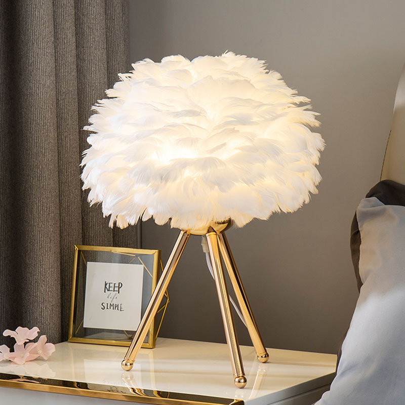 New Feather Dimmable Table Lamp Ins Nordic Bedside Lamp Decorative Gold Bedroom Lamp Led Factory Direct Sales Dimmable